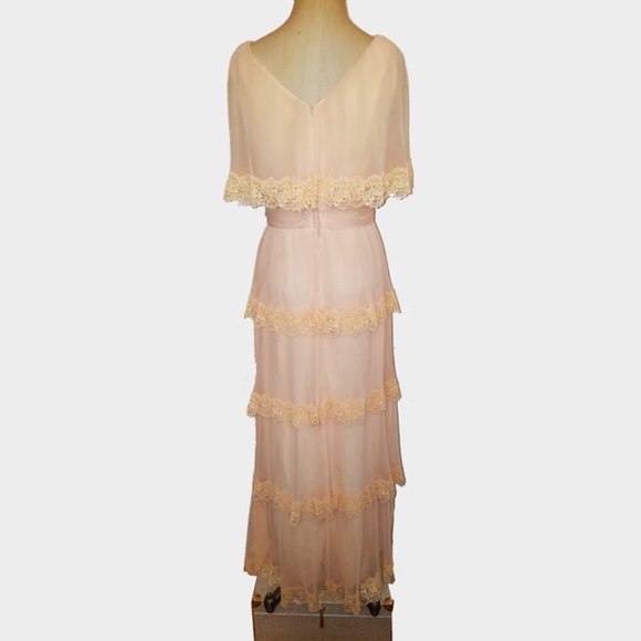 Vtg 70s Nude Blush Chiffon Lace Tiered Gown Dress - Picture 6 of 7